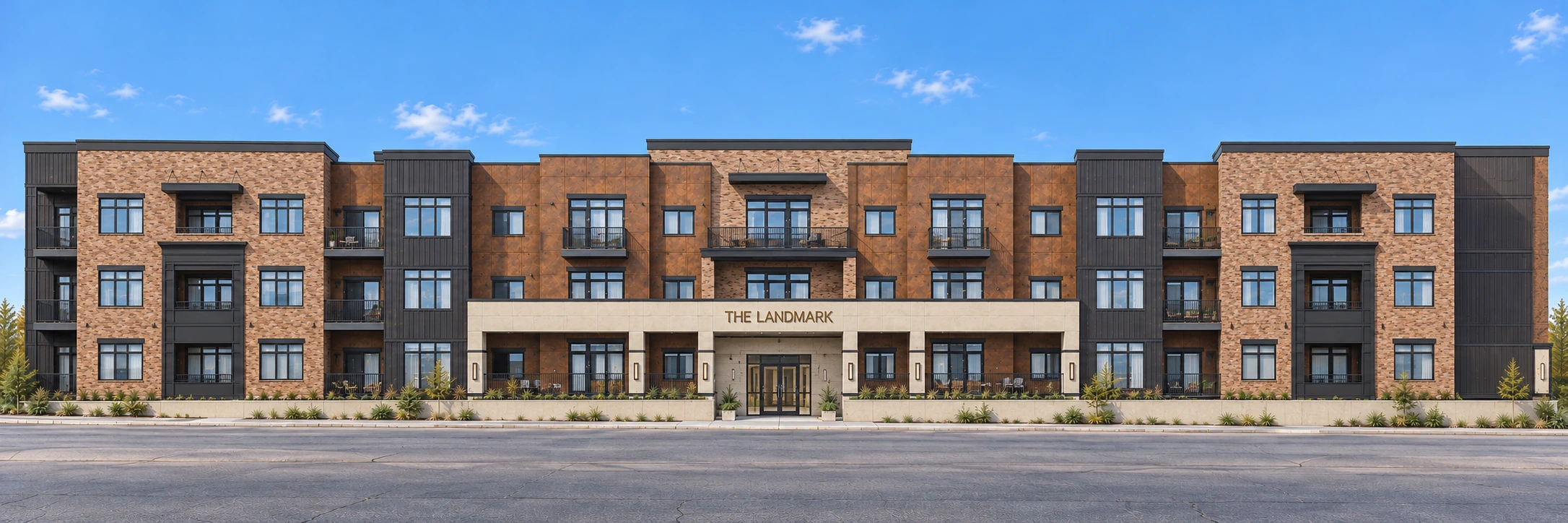 Photographic architectural rendering of the complete east facade on Oakes Avenue