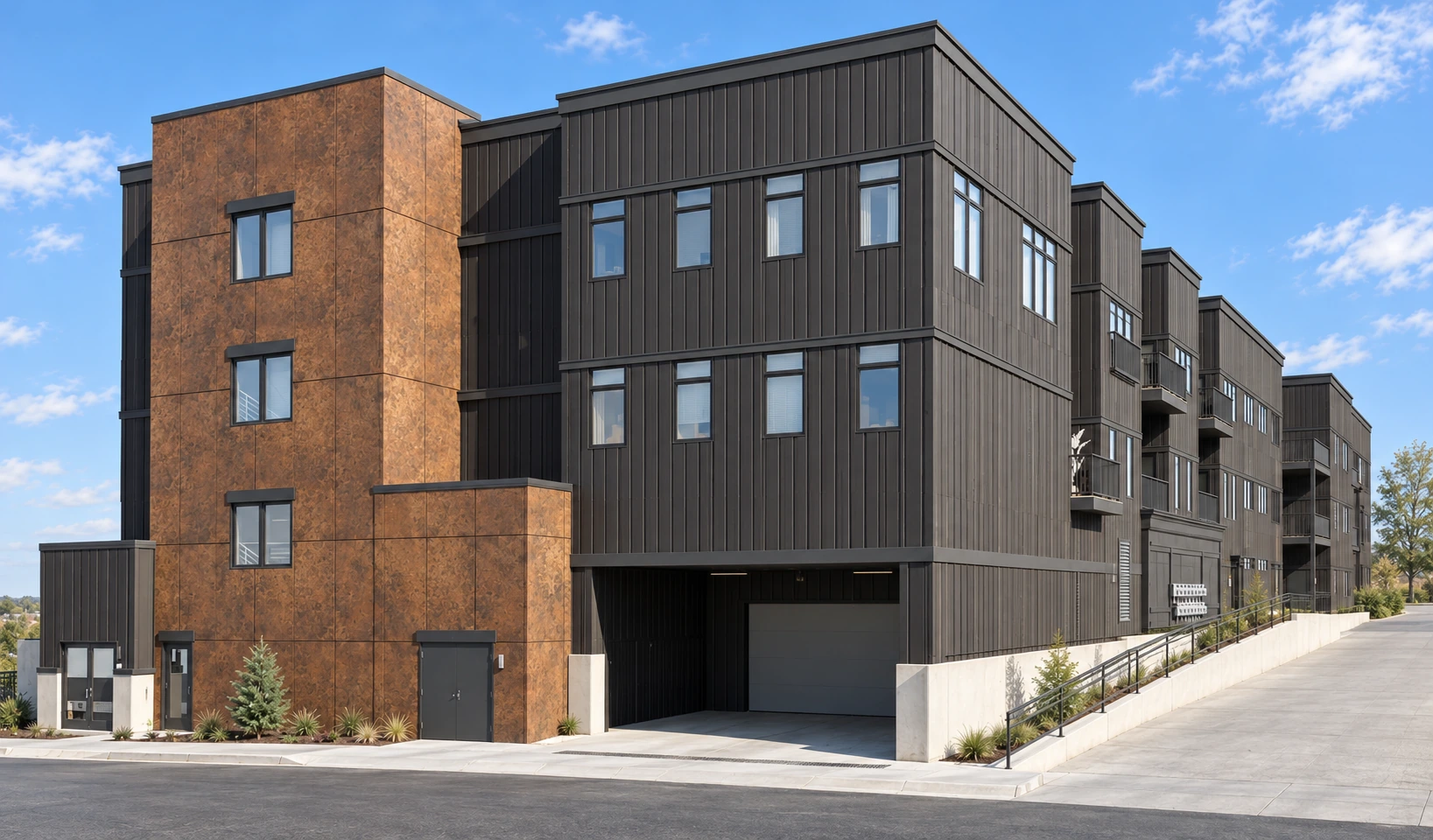 Photographic architectural rendering of the northwest facade, garage entrance and ramp